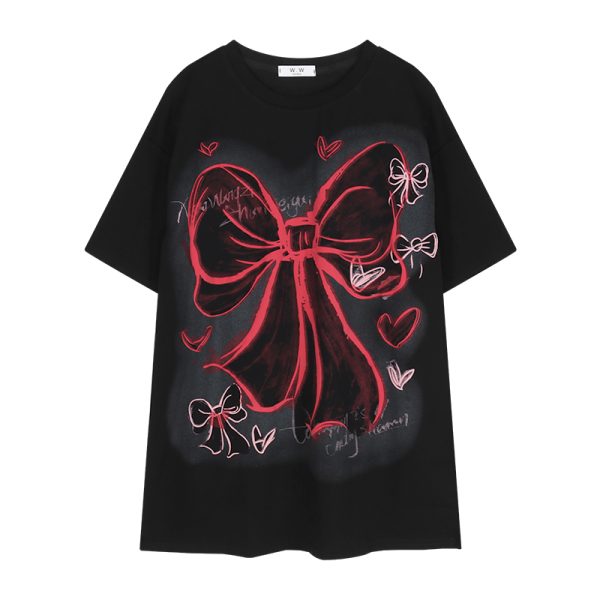 Plus Size American Retro Bow Tie Printed Cotton Short-Sleeve T-Shirt for Women - Loose Mid-Length Casual Style Top