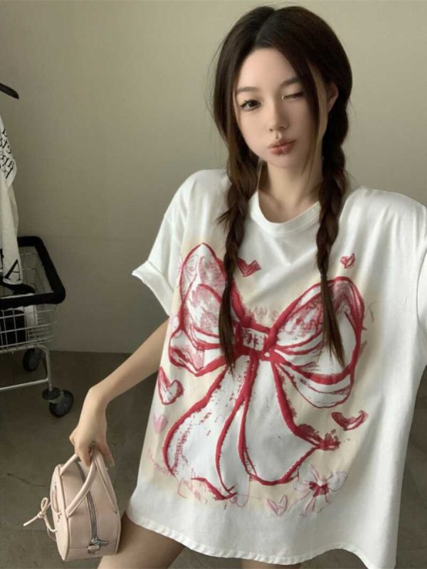 Plus Size American Retro Bow Tie Printed Cotton Short-Sleeve T-Shirt for Women - Loose Mid-Length Casual Style Top