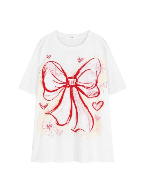 Plus Size American Retro Bow Tie Printed Cotton Short-Sleeve T-Shirt for Women - Loose Mid-Length Casual Style Top