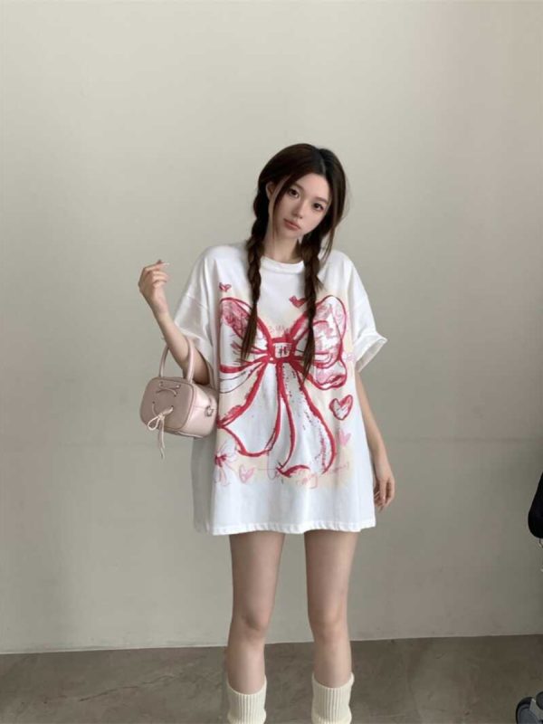 Plus Size American Retro Bow Tie Printed Cotton Short-Sleeve T-Shirt for Women - Loose Mid-Length Casual Style Top