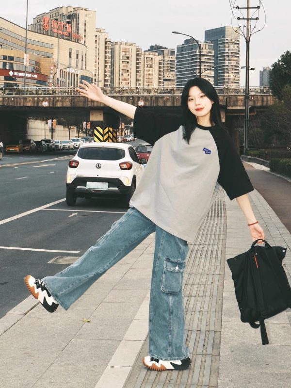 Plus-Size American Retro Color-Block Cotton Short Sleeve T-Shirt for Women, Oversized Raglan Casual Couple Outfit