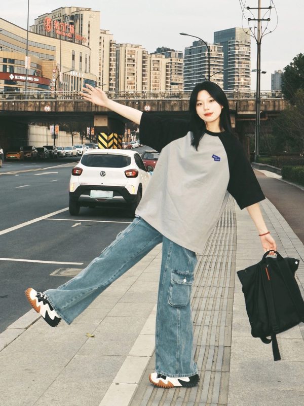 Plus-Size American Retro Color-Block Cotton Short Sleeve T-Shirt for Women, Oversized Raglan Casual Couple Outfit