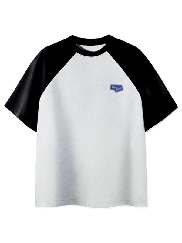 Plus-Size American Retro Color-Block Cotton Short Sleeve T-Shirt for Women, Oversized Raglan Casual Couple Outfit