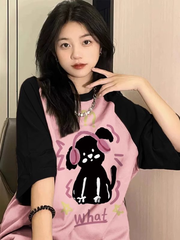 Plus Size American Retro Color-Blocking Cotton Short Sleeve T-Shirt for Women - Niche Couple Raglan Style