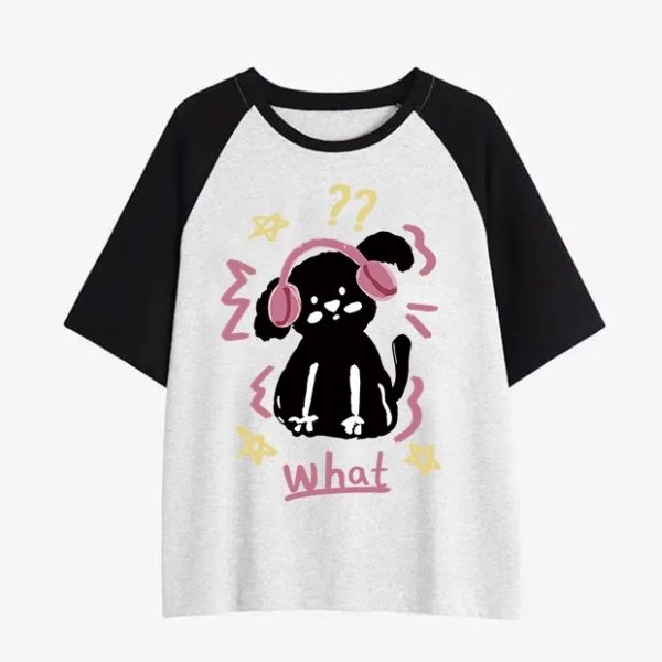 Plus Size American Retro Color-Blocking Cotton Short Sleeve T-Shirt for Women - Niche Couple Raglan Style