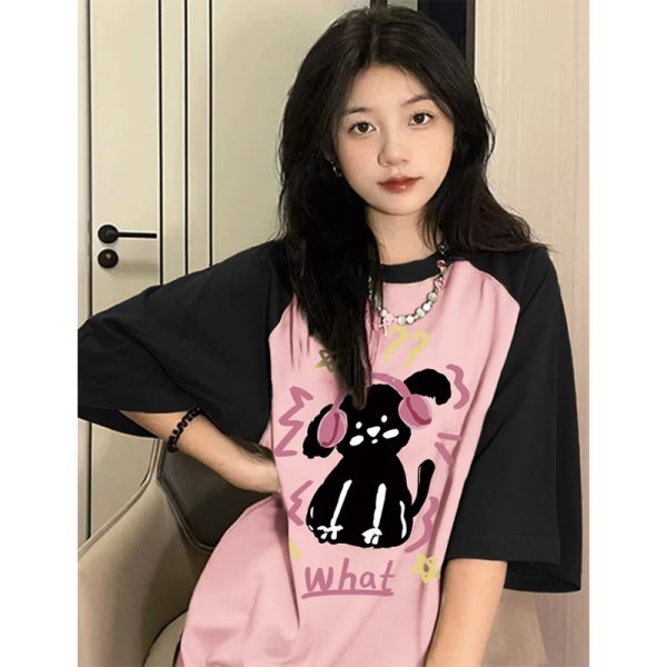 Plus Size American Retro Color-Blocking Cotton Short Sleeve T-Shirt for Women - Niche Couple Raglan Style