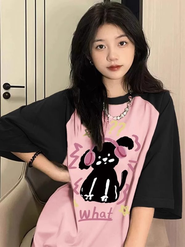 Plus Size American Retro Color-Blocking Cotton Short Sleeve T-Shirt for Women - Niche Couple Raglan Style