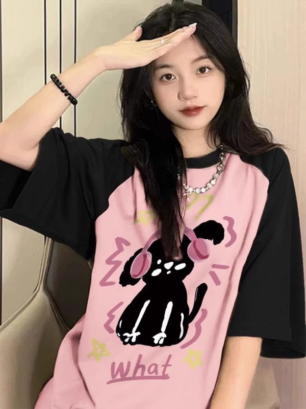 Plus Size American Retro Color-Blocking Cotton Short Sleeve T-Shirt for Women - Niche Couple Raglan Style