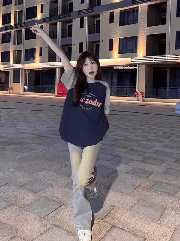 Plus Size American Retro Color-Blocking Raglan Short Sleeve T-Shirt for Women - Trendy Loose Fit Cotton Top