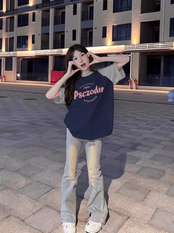 Plus Size American Retro Color-Blocking Raglan Short Sleeve T-Shirt for Women - Trendy Loose Fit Cotton Top