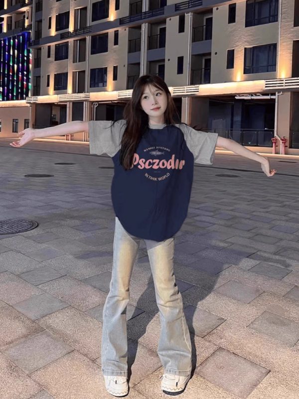 Plus Size American Retro Color-Blocking Raglan Short Sleeve T-Shirt for Women - Trendy Loose Fit Cotton Top