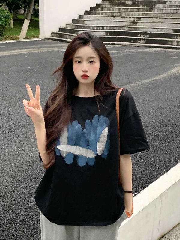 Plus Size American Retro Cotton Short Sleeve T-Shirt for Men & Women, Loose Oversized Black Couple Top - Y2K Style