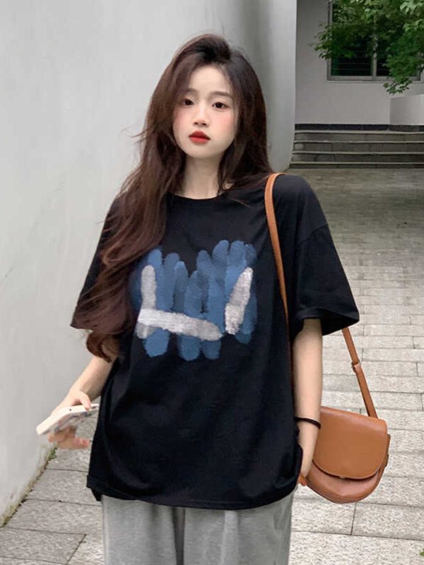 Plus Size American Retro Cotton Short Sleeve T-Shirt for Men & Women, Loose Oversized Black Couple Top - Y2K Style