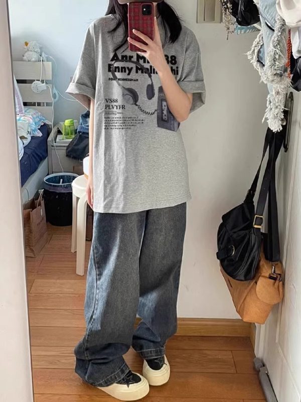 Plus Size American Retro Oversized Cotton Short Sleeve T-Shirt for Women - Loose Fit Casual Couple Top