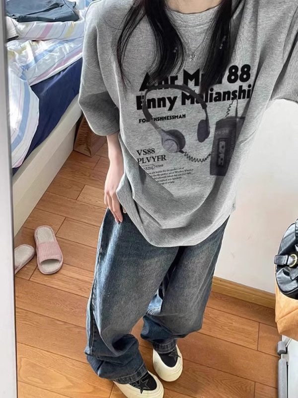 Plus Size American Retro Oversized Cotton Short Sleeve T-Shirt for Women - Loose Fit Casual Couple Top