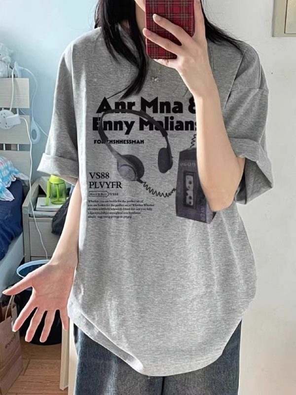 Plus Size American Retro Oversized Cotton Short Sleeve T-Shirt for Women - Loose Fit Casual Couple Top