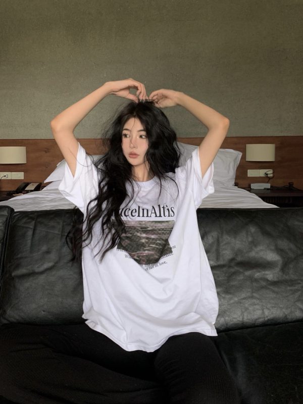 Plus-Size American Retro Oversized Cotton Short-Sleeve T-Shirt for Women - Summer 2025 Trendy Loose Fit Top