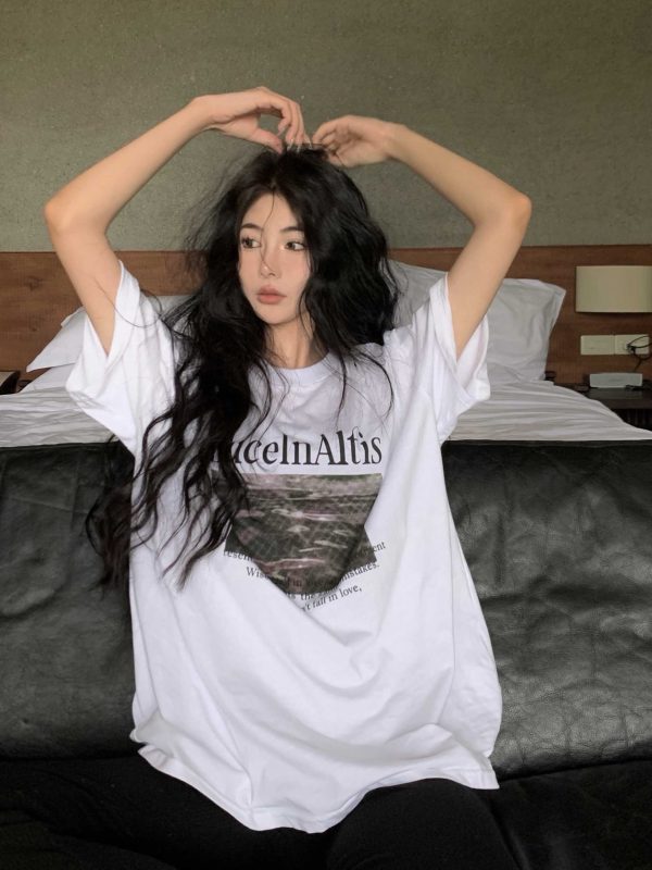 Plus-Size American Retro Oversized Cotton Short-Sleeve T-Shirt for Women - Summer 2025 Trendy Loose Fit Top