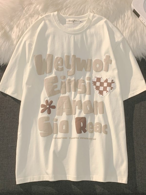 Plus-Size American Retro Oversized Letter Short Sleeve T-Shirt for Men and Women - Vintage Pure Cotton Couple Outfit