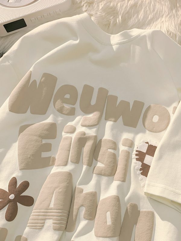 Plus-Size American Retro Oversized Letter Short Sleeve T-Shirt for Men and Women - Vintage Pure Cotton Couple Outfit