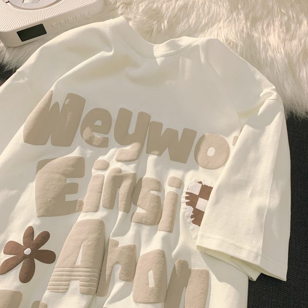 Plus-Size American Retro Oversized Letter Short Sleeve T-Shirt for Men and Women - Vintage Pure Cotton Couple Outfit