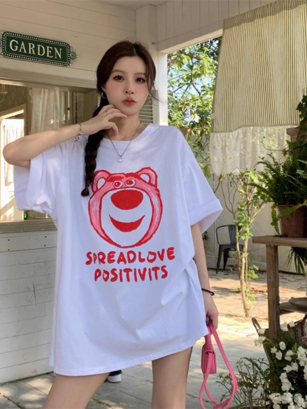 Plus Size American Retro Strawberry Bear Printed Cotton Short Sleeve T-Shirt for Women - Loose Fit Mid-Length Couple Top