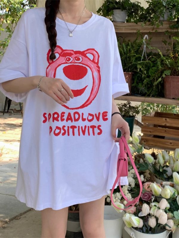 Plus Size American Retro Strawberry Bear Printed Cotton Short Sleeve T-Shirt for Women - Loose Fit Mid-Length Couple Top