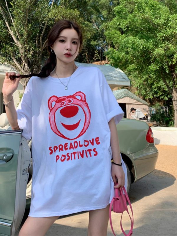 Plus Size American Retro Strawberry Bear Printed Cotton Short Sleeve T-Shirt for Women - Loose Fit Mid-Length Couple Top