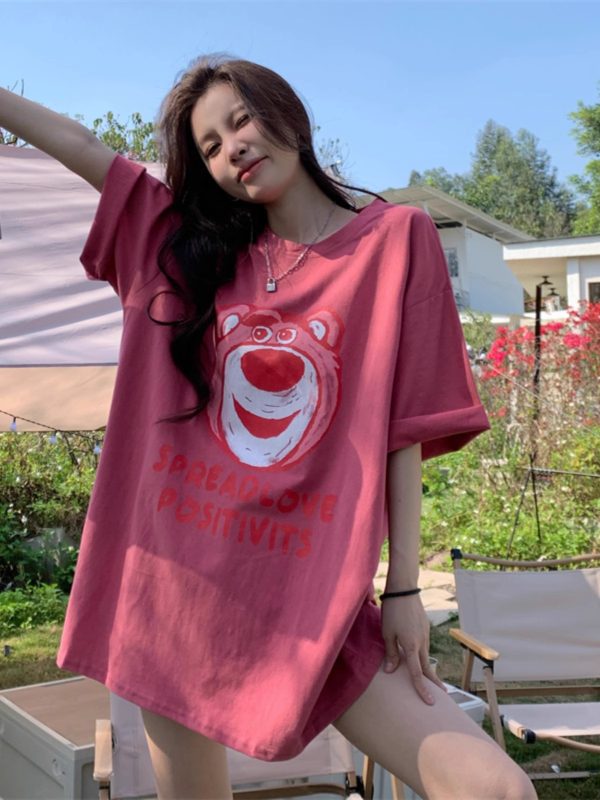 Plus Size American Retro Strawberry Bear Printed Cotton Short Sleeve T-Shirt for Women - Loose Fit Mid-Length Couple Top