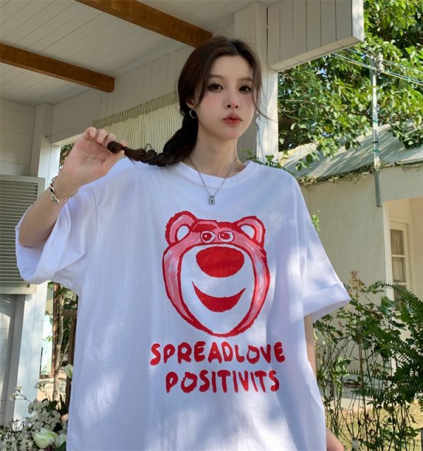 Plus Size American Retro Strawberry Bear Printed Cotton Short Sleeve T-Shirt for Women - Loose Fit Mid-Length Couple Top