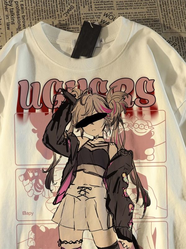 Plus Size American Retro Streetwear Anime Girl Short Sleeve T-Shirt for Men - Casual Loose Fit Cotton Couple Top