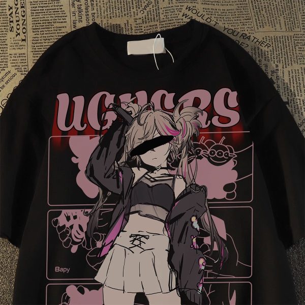 Plus Size American Retro Streetwear Anime Girl Short Sleeve T-Shirt for Men - Casual Loose Fit Cotton Couple Top