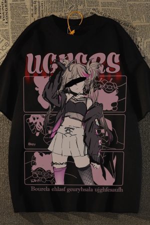 Plus Size American Retro Streetwear Anime Girl Short Sleeve T-Shirt for Men - Casual Loose Fit Cotton Couple Top