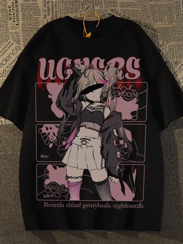 Plus Size American Retro Streetwear Anime Girl Short Sleeve T-Shirt for Men - Casual Loose Fit Cotton Couple Top