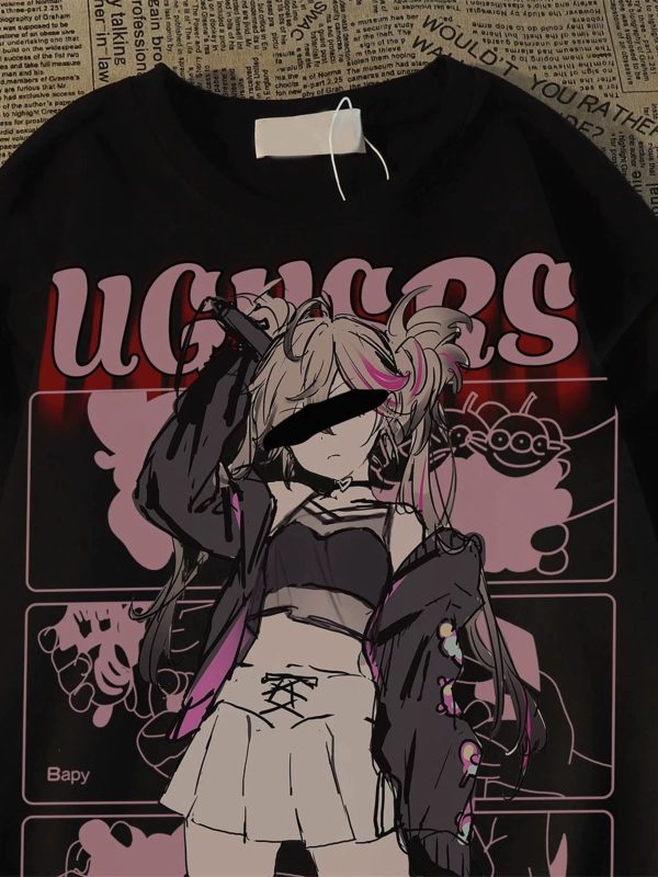 Plus Size American Retro Streetwear Anime Girl Short Sleeve T-Shirt for Men - Casual Loose Fit Cotton Couple Top