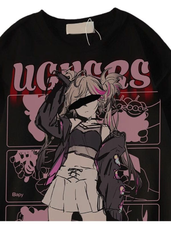 Plus Size American Retro Streetwear Anime Girl Short Sleeve T-Shirt for Men - Casual Loose Fit Cotton Couple Top