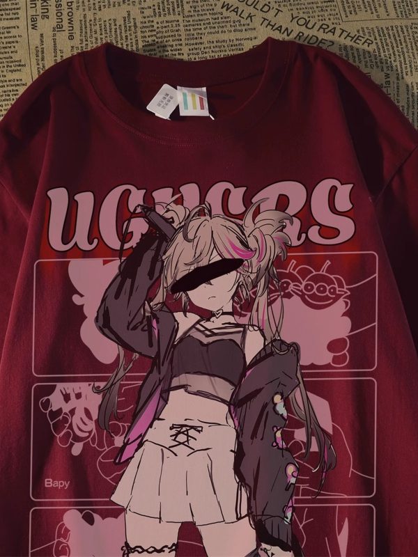 Plus Size American Retro Streetwear Anime Girl Short Sleeve T-Shirt for Men - Casual Loose Fit Cotton Couple Top