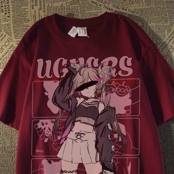 Plus Size American Retro Streetwear Anime Girl Short Sleeve T-Shirt for Men - Casual Loose Fit Cotton Couple Top