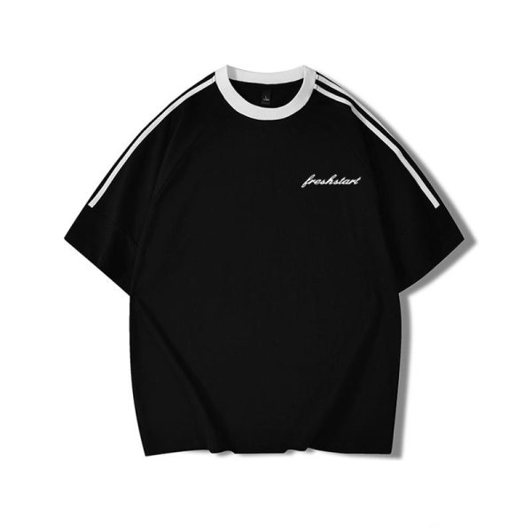 Plus Size American Retro Three-Stripe Cotton Short Sleeve T-Shirt for Women - Chic Loose Fit Hong Kong Style Top