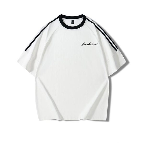 Plus Size American Retro Three-Stripe Cotton Short Sleeve T-Shirt for Women - Chic Loose Fit Hong Kong Style Top