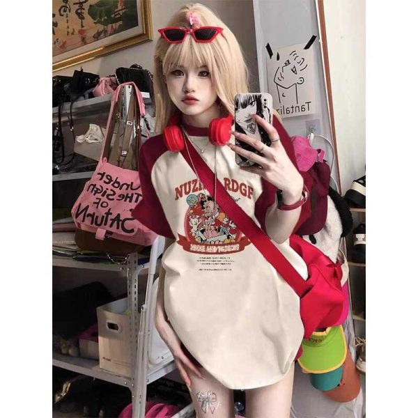 Plus Size American Retro Wine Red Raglan Sleeve Short Sleeve T-Shirt - Trendy Loose Fit Dopamine Style for Women