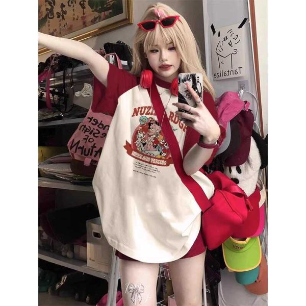 Plus Size American Retro Wine Red Raglan Sleeve Short Sleeve T-Shirt - Trendy Loose Fit Dopamine Style for Women