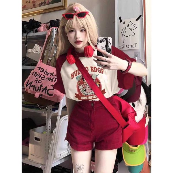 Plus Size American Retro Wine Red Raglan Sleeve Short Sleeve T-Shirt - Trendy Loose Fit Dopamine Style for Women