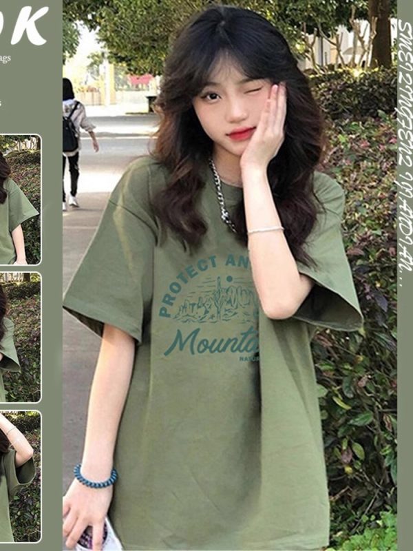 Plus Size Avocado Green Cotton Short Sleeve T-Shirt, Unisex Korean Style Loose Fit Top for Students and Plus-Size Fashion.
