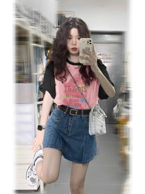 Plus Size Black and Pink Color-Block Half Sleeve T-Shirt - American Retro Sweet Style, Loose Fit, Cotton for Women