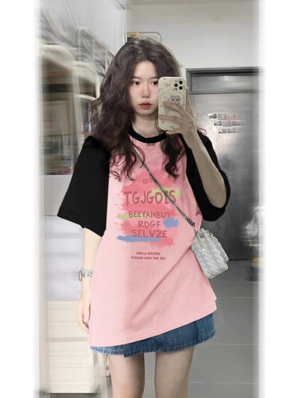 Plus Size Black and Pink Color-Block Half Sleeve T-Shirt - American Retro Sweet Style, Loose Fit, Cotton for Women
