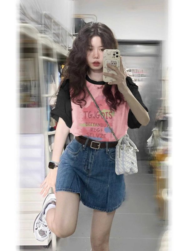 Plus Size Black and Pink Color-Block Half Sleeve T-Shirt - American Retro Sweet Style, Loose Fit, Cotton for Women