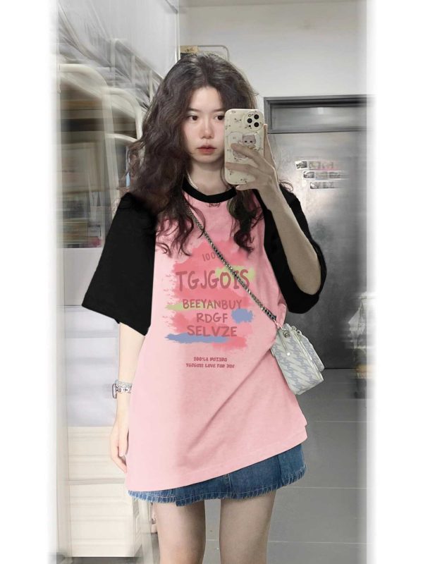 Plus Size Black and Pink Color-Block Half Sleeve T-Shirt - American Retro Sweet Style, Loose Fit, Cotton for Women
