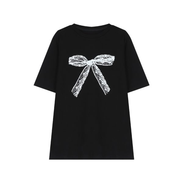 Plus-Size Black Lace Bow Short Sleeve T-Shirt - Loose Mid-Length Korean Style Top for Women