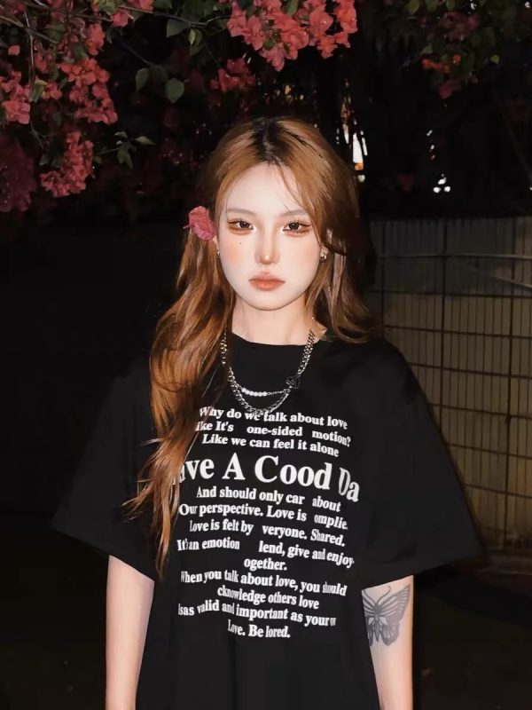 Plus Size Casual Black Cotton Short Sleeve T-Shirt for Women - Spicy Girl American Style Mid-Length Top, Lazy Hong Kong Vibe